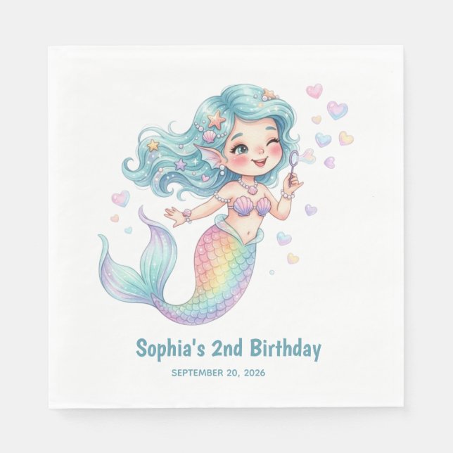 Mermaid Personalized Name and Birthdate Napkin (Front)