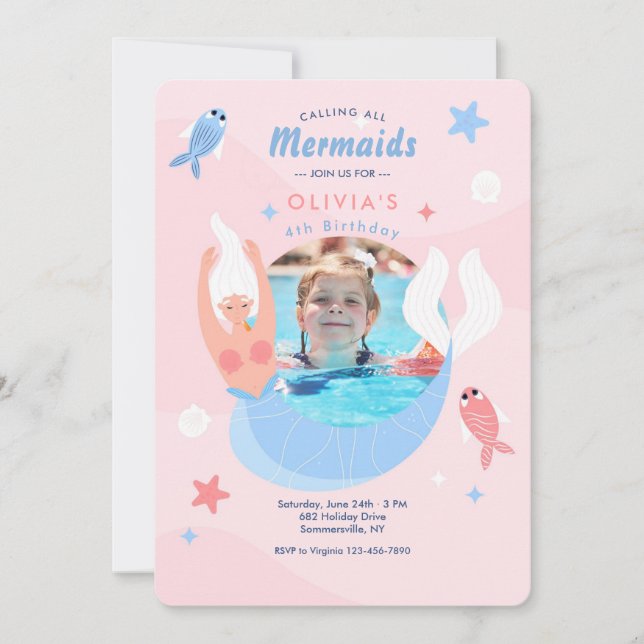 Mermaid Photo Frame Birthday Party Invitation (Front)