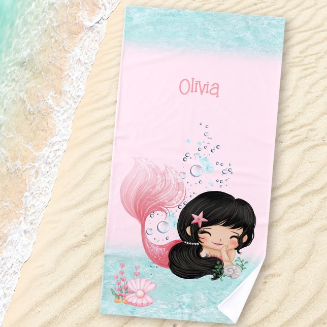 Mermaid Pink Blue Dark Hair Girl Name Beach Towel (Mermaid Pink Blue Dark Hair Girl Name Beach Towel)