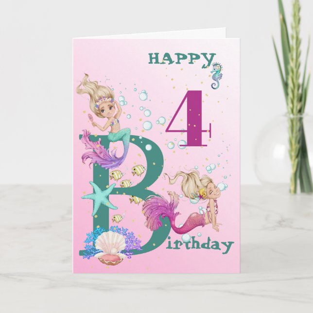 Mermaid Pink Blue Personal Age Cute Card (Front)