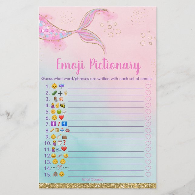 Mermaid Pink Gold Baby Emoji Pictionary Game (Front)