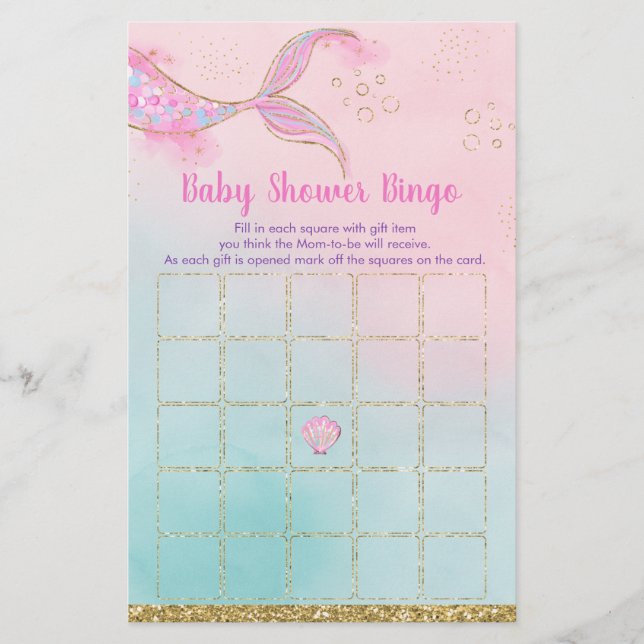 Mermaid Pink Gold Baby Shower Bingo Game (Front)