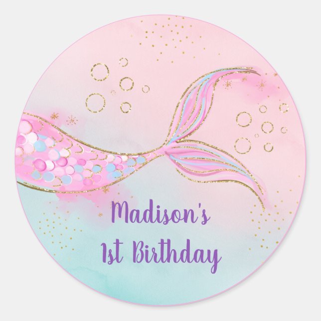 Mermaid Pink Gold Birthday Classic Round Sticker (Front)