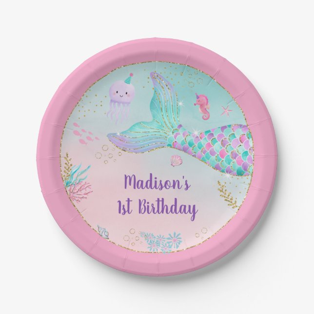 Mermaid Pink Gold Under The Sea Birthday Paper Plate (Front)