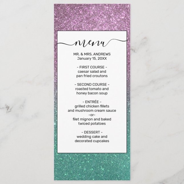 Mermaid Pink Green Sparkly Glitter Ombre Menu (Front)