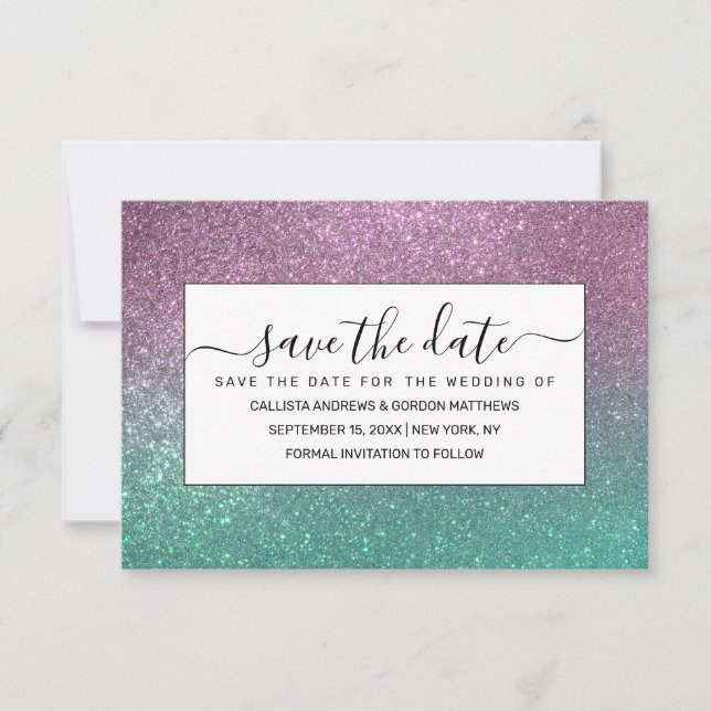 Mermaid Pink Green Sparkly Glitter Ombre Save The Date (Front)