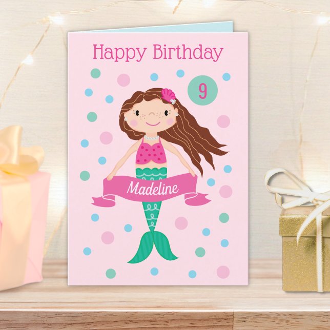 Mermaid Pink Personalized Age & Name Birthday Card (Creator Uploaded)
