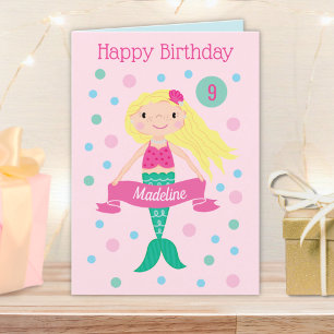 Mermaid Pink Personalized Age & Name Cute Birthday Card