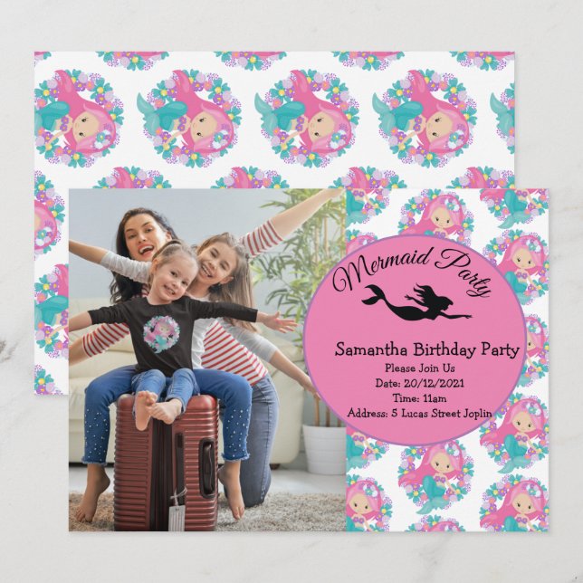 Mermaid Pink Purple Birthday Party Invitation (Front/Back)