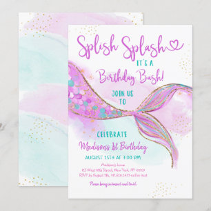 Mermaid Pink Purple Gold Watercolor Birthday Invitation