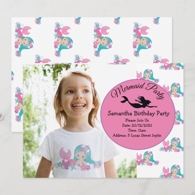 Mermaid Pink Purple Invitation de fête d'anniversa (Devant / Derrière)