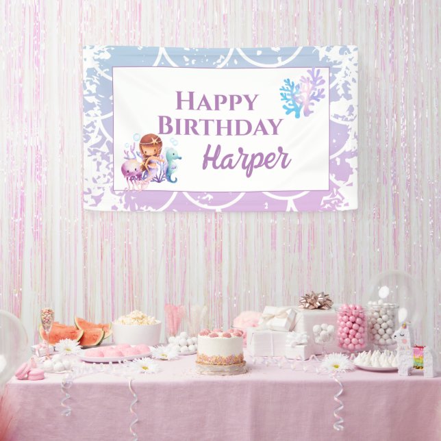 Mermaid Pink Purple Under the sea Birthday Banner (Party)