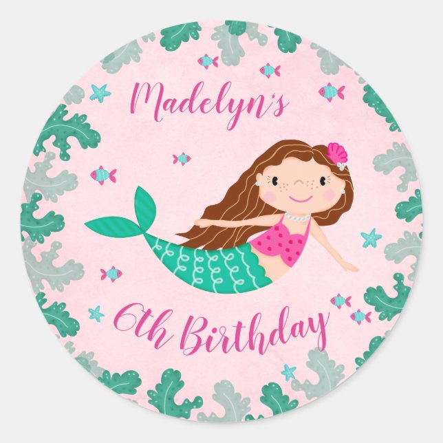 Mermaid Pink Under The Sea Birthday Classic Round Sticker (Front)