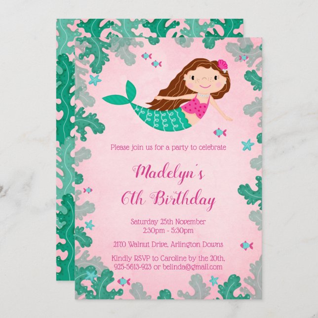 Mermaid Pink Under The Sea Birthday Invitations (Front/Back)