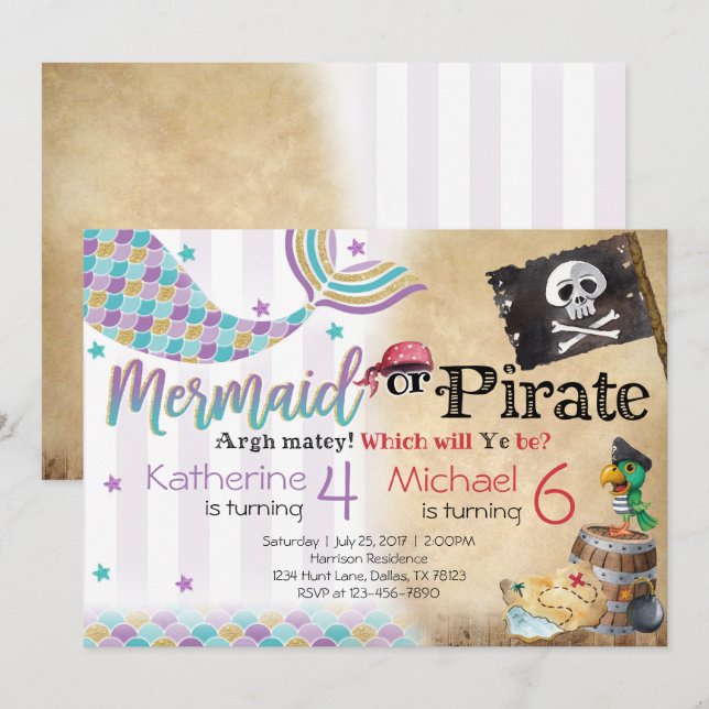 Mermaid Pirate Anniversaire Fête Invitation Frères (Devant / Derrière)
