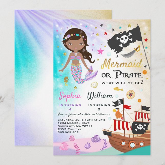 Mermaid Pirate Anniversaire Invitation Fête des fr (Devant / Derrière)