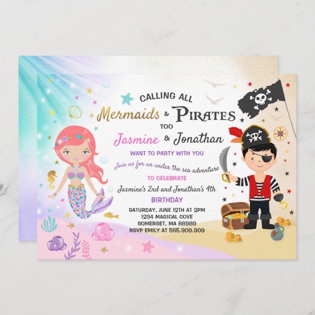 Mermaid Pirate Anniversaire Invitation Fête des fr (Devant / Derrière)