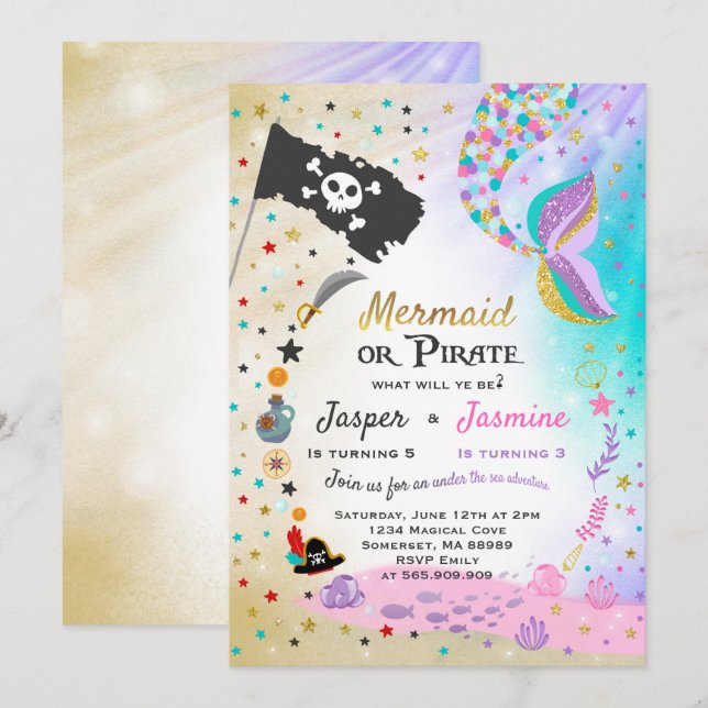 Mermaid Pirate Birthday Invitation Siblings Party (Front/Back)
