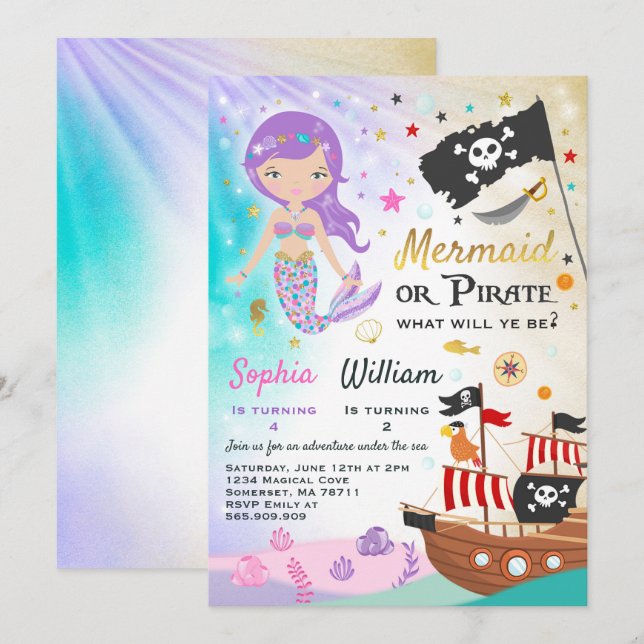 Mermaid Pirate Birthday Invitation Siblings Party (Front/Back)