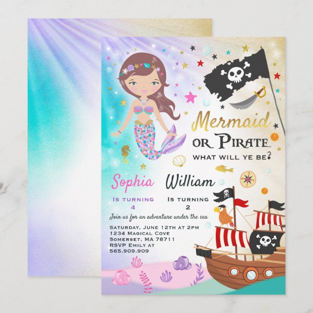 Mermaid Pirate Birthday Invitation Siblings Party (Front/Back)