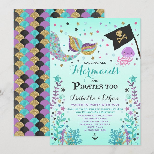 Mermaid & Pirate Birthday Sibling Boy Girl Invite (Front/Back)