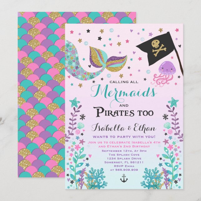 Mermaid & Pirate Birthday Sibling Boy Girl Invite (Front/Back)