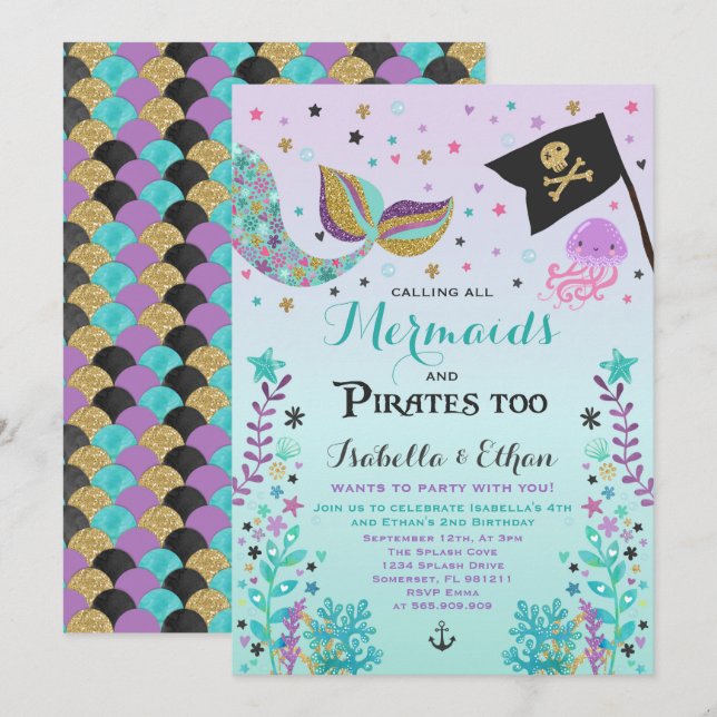 Mermaid & Pirate Birthday Sibling Boy Girl Invite (Front/Back)