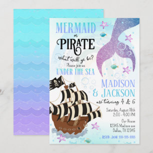 Mermaid & Pirate Boy Girl Siblings Joint Birthday  Invitation