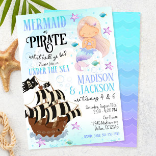 Mermaid & Pirate Boy Girl Siblings Joint Birthday  Invitation