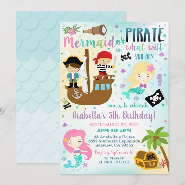 Mermaid Pirate Invitation Boy Girl Invitation (Front/Back)
