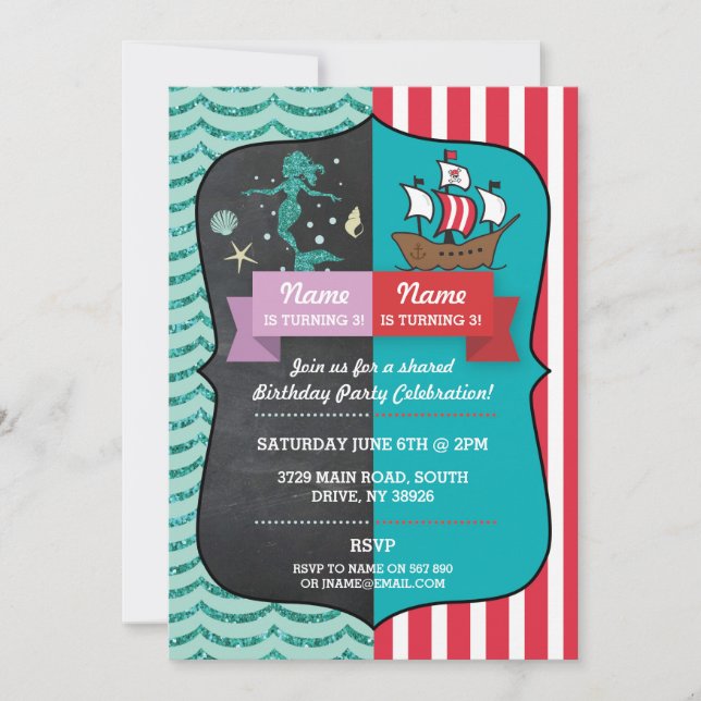 Mermaid & Pirate Joint Boy Girl Birthday Invites (Front)