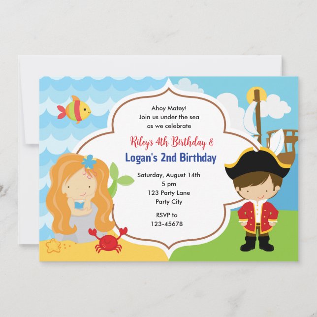 Mermaid & Pirate Joint Invitations d'anniversaire  (Devant)