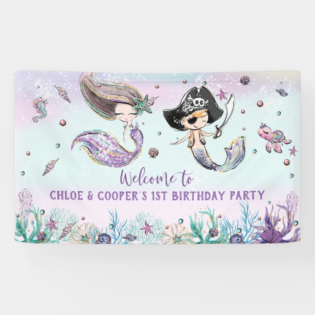 Mermaid Pirate Joint Twins Birthday Party Backdrop Banner (Horizontal)
