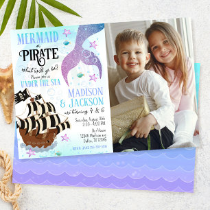 Mermaid & Pirate Photo Siblings Joint Birthday Invitation
