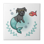 Mermaid Pit Bull Tile<br><div class="desc">This is a vector illustration of a mermaid pit bull and her little fish friend. The mermaid dog has a star crown on her head. There is a seaweed wreath at the bottom.</div>