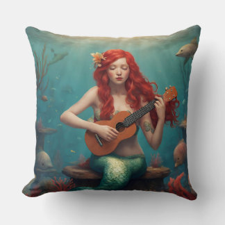 Mermaid playing the ukulele throw pillow