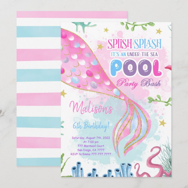Mermaid & Pool Invitation d'anniversaire (Devant / Derrière)