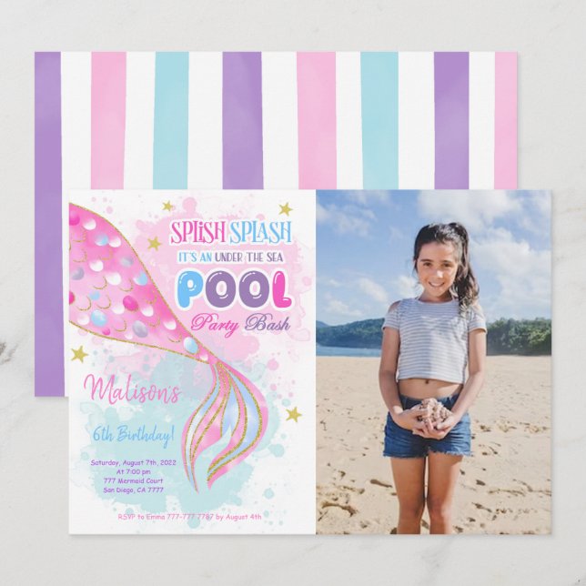 Mermaid & Pool kids Invitation With Photo (Front/Back)