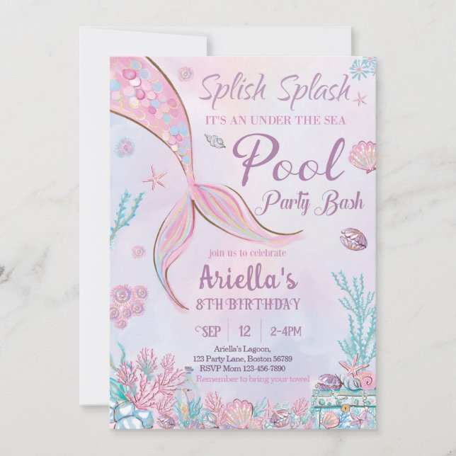 Mermaid Pool Party Birthday Invitation Under Sea (Front)