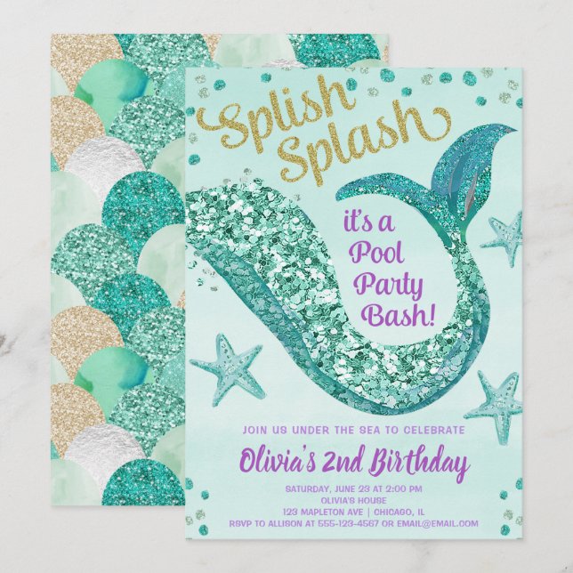 Mermaid pool party birthday, teal gold purple invitation (Front/Back)