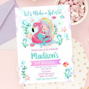 Mermaid Pool Party Flamingo Float Birthday Invitation