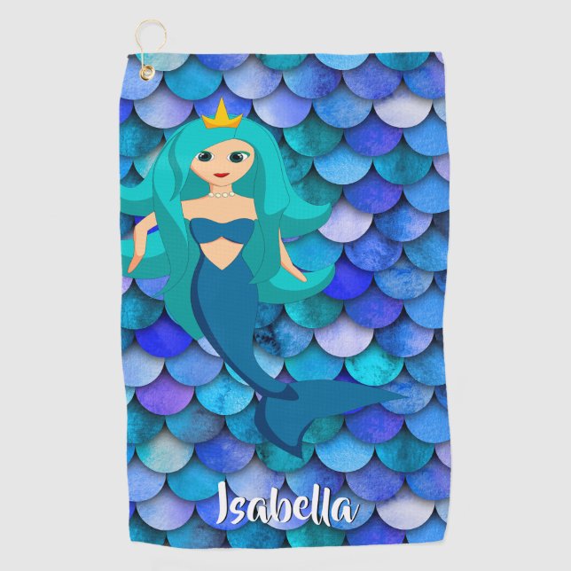 Mermaid princess blue purple scale pattern name golf towel (Front)