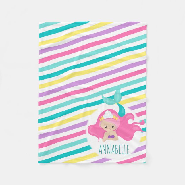 Mermaid Princess Kids Pink Purple Blue Stripes Fleece Blanket (Front)