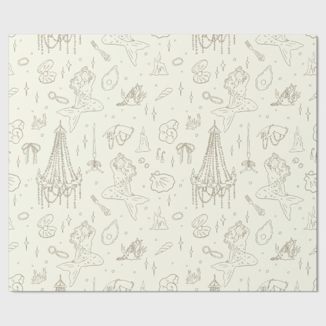 Mermaid Princess Ocean Fantasy Beige Toile Pattern Wrapping Paper (Seam)