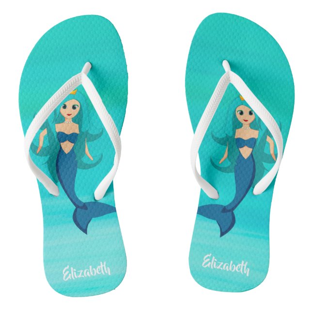 Mermaid princess on aquamarine ocean water flip flops (Footbed)