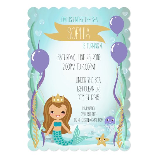 Mermaid Princess Party Invitation (5x7 Brown Hair)