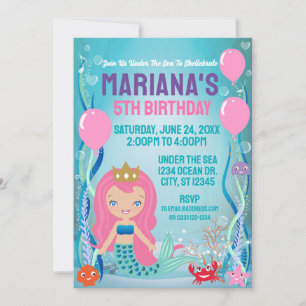 Mermaid Princess Party (pink hair) Invitation