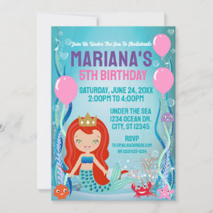 Mermaid Princess Party (red hair) Invitation