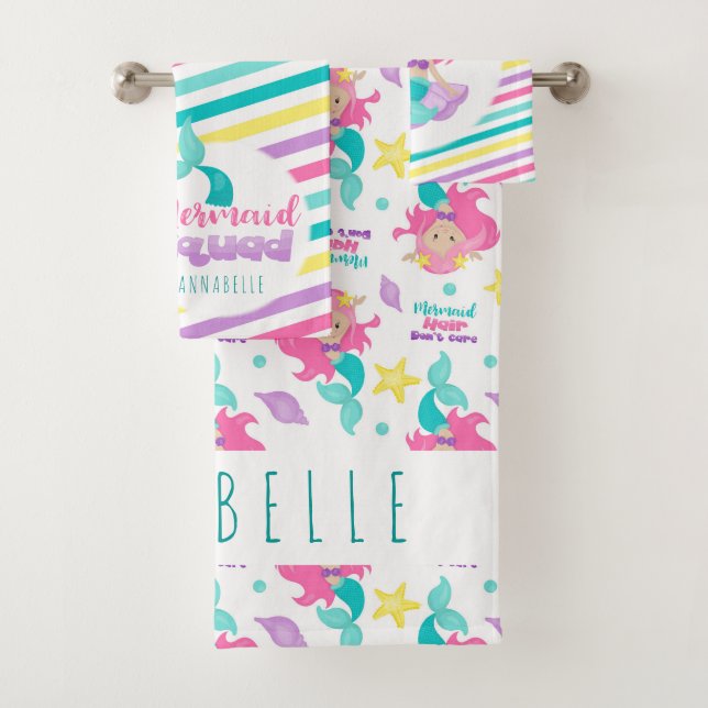 Mermaid Princess Squad Pink Blue Yellow Stripes Bath Towel Set (Insitu)