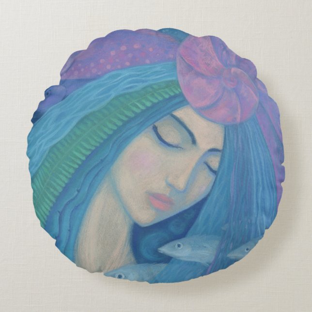Mermaid Princess, Underwater Fantasy, Pink Blue Round Pillow (Front)